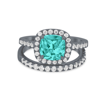 Two Piece Cushion Art Deco Wedding Ring Black Tone, Simulated Paraiba Tourmaline CZ 925 Sterling Silver